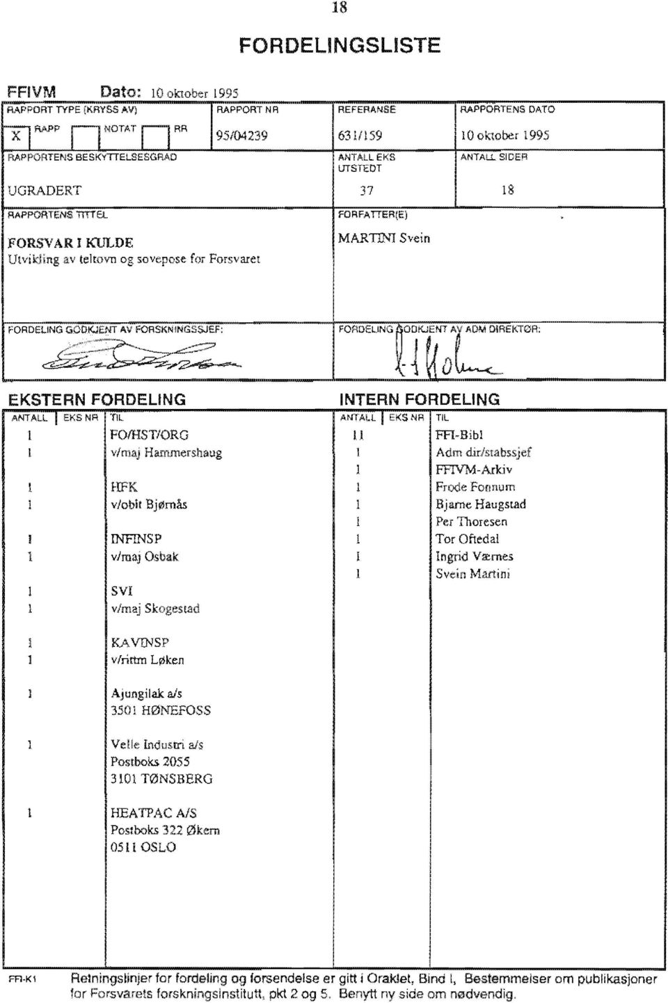 REFERANSE 6311159 ANTALL EKS UTSTEDT 37 forfa TTER{E) MAR'f',1 Svein RAPPORTENS DATO 10 oktober 1995 ANTALL SIDER 18 FORDEUNG GODKJENT A.V rorsknjngssje.