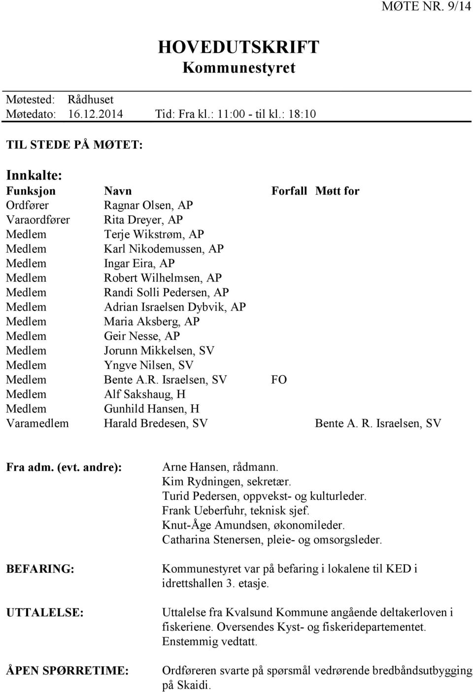 AP Medlem Robert Wilhelmsen, AP Medlem Randi Solli Pedersen, AP Medlem Adrian Israelsen Dybvik, AP Medlem Maria Aksberg, AP Medlem Geir Nesse, AP Medlem Jorunn Mikkelsen, SV Medlem Yngve Nilsen, SV