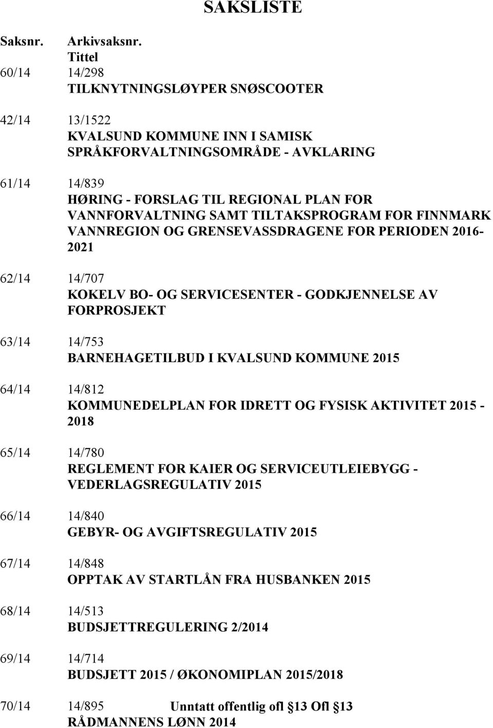 SAMT TILTAKSPROGRAM FOR FINNMARK VANNREGION OG GRENSEVASSDRAGENE FOR PERIODEN 2016-2021 62/14 14/707 KOKELV BO- OG SERVICESENTER - GODKJENNELSE AV FORPROSJEKT 63/14 14/753 BARNEHAGETILBUD I KVALSUND
