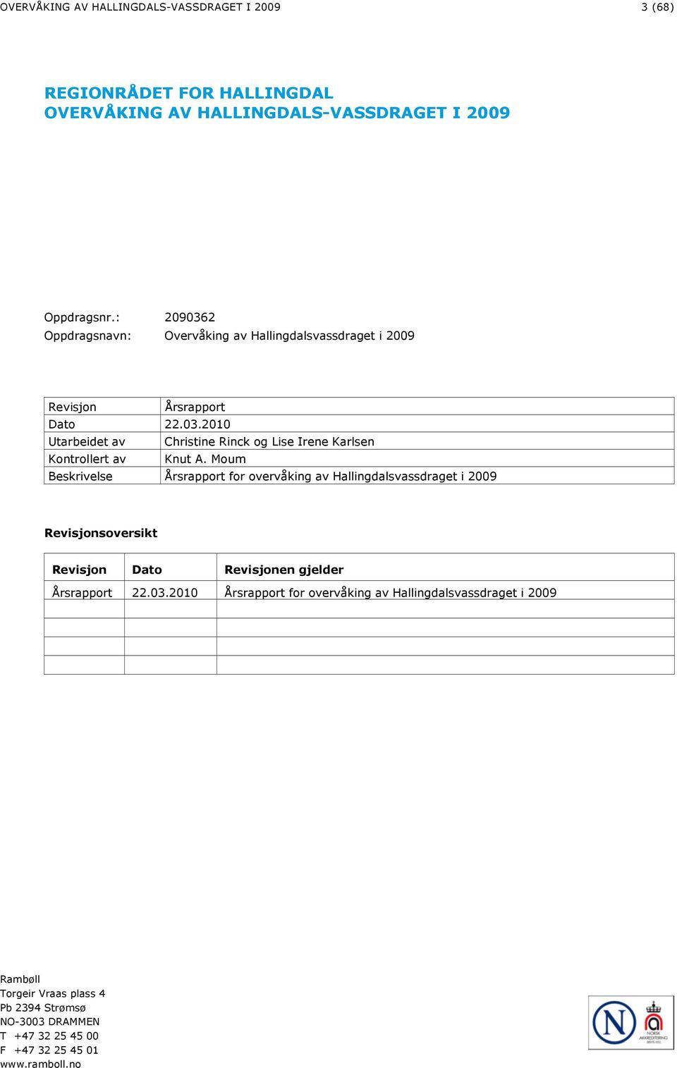 Moum Beskrivelse Årsrapport for overvåking av Hallingdalsvassdraget i 2009 Revisjonsoversikt Revisjon Dato Revisjonen gjelder Årsrapport 22.03.