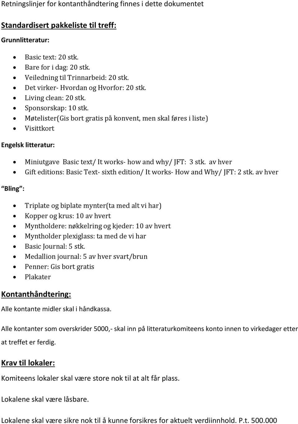 Møtelister(Gis bort gratis på konvent, men skal føres i liste) Visittkort Engelsk litteratur: Miniutgave Basic text/ It works- how and why/ JFT: 3 stk.