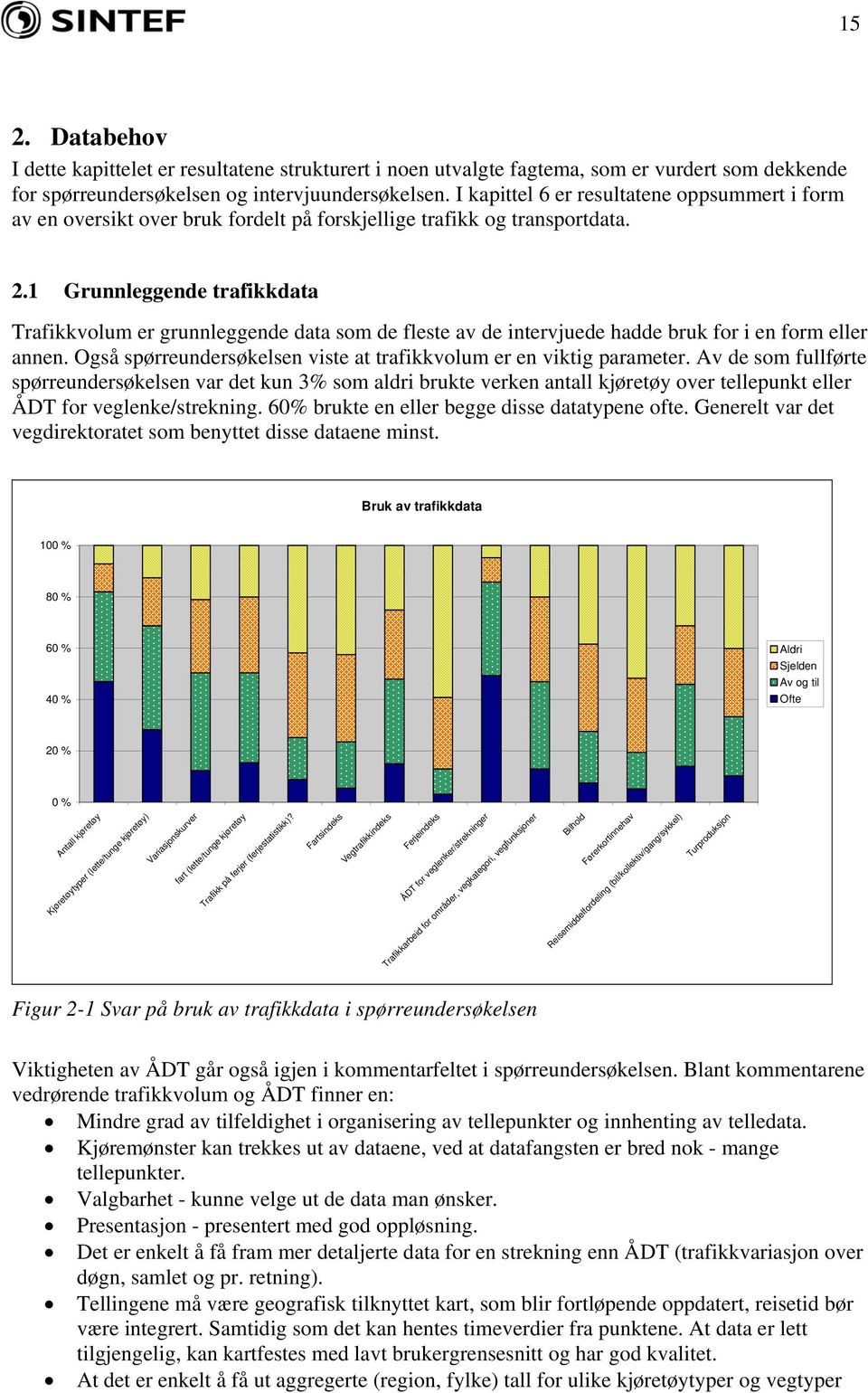 1 Grunnleggende trafikkdata Trafikkvolum er grunnleggende data som de fleste av de intervjuede hadde bruk for i en form eller annen.