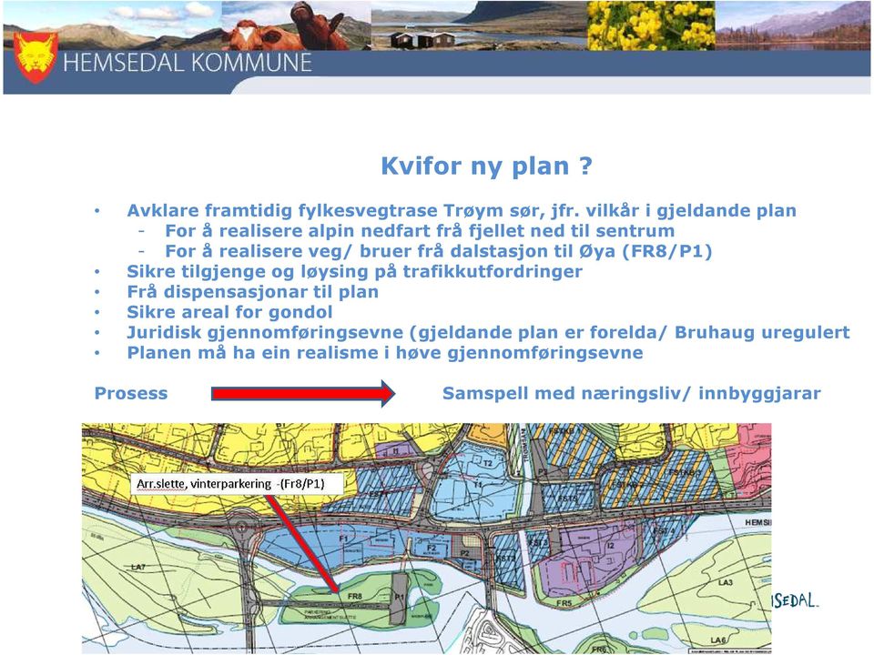 dalstasjon til Øya (FR8/P1) Sikre tilgjenge og løysing på trafikkutfordringer Frå dispensasjonar til plan Sikre areal