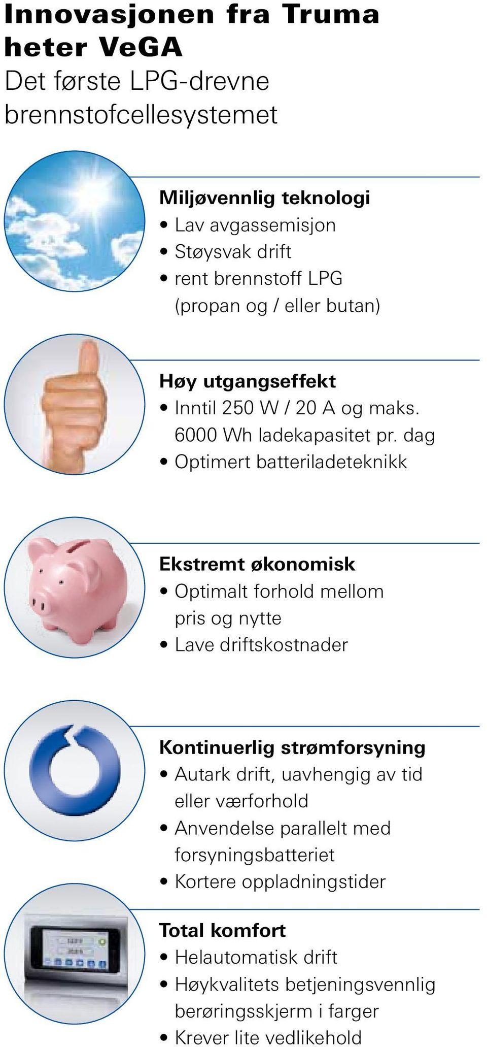 dag Optimert batteriladeteknikk Ekstremt økonomisk Optimalt forhold mellom pris og nytte Lave driftskostnader Kontinuerlig strømforsyning Autark drift,