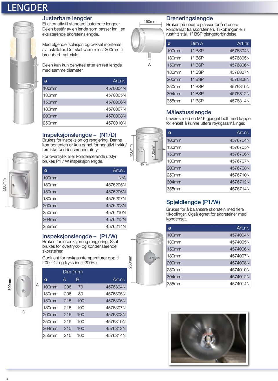 4570004N 4570005N 4570006N 4570007N 4570008N 4570010N Dreneringslengde rukes på utsatte plasser for å drenere kondensat fra skorsteinen. Tilkoblingen er i rustfritt stål, 1 SP gjengeforbindelse.