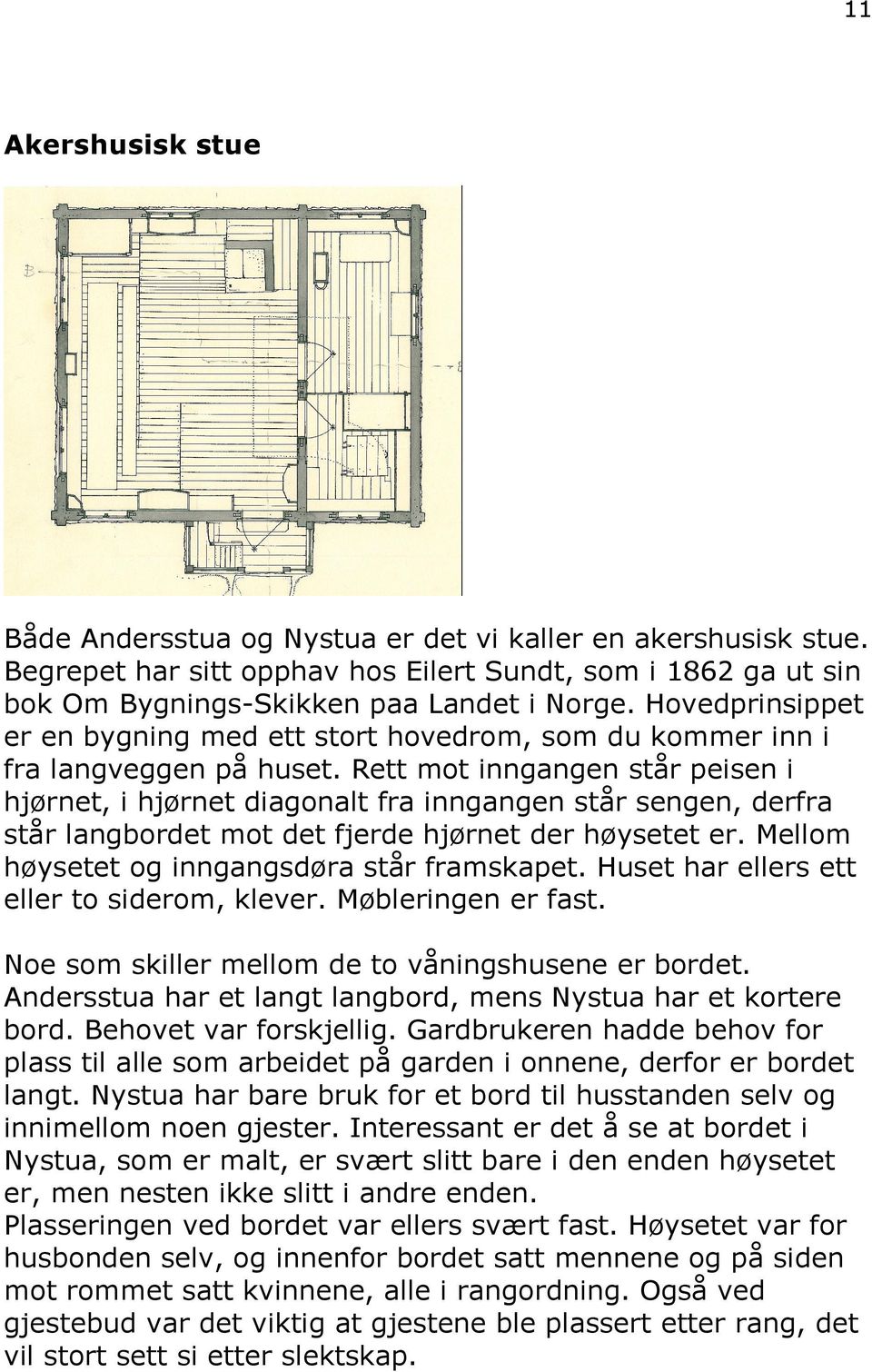 Rett mot inngangen står peisen i hjørnet, i hjørnet diagonalt fra inngangen står sengen, derfra står langbordet mot det fjerde hjørnet der høysetet er. Mellom høysetet og inngangsdøra står framskapet.