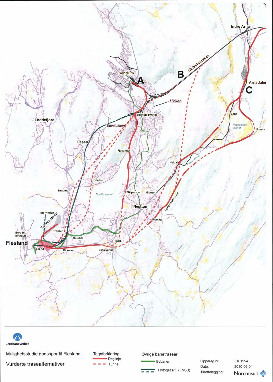 j ~,~"\ ~,,( ' Unnelan Nordåsvannet Jernbaneyerket Mulighetsstudie godsspor ti l Flesland Vurderte