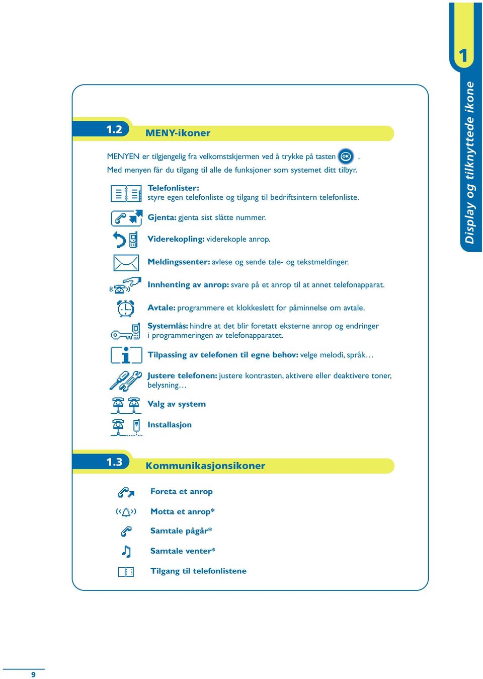 Display og tilknyttede ikone Meldingssenter: avlese og sende tale- og tekstmeldinger. Innhenting av anrop: svare på et anrop til at annet telefonapparat.