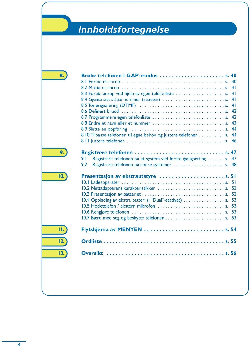 ....................................... s. 4 8.7 Programmere egen telefonliste............................ s. 4 8.8 Endre et navn eller et nummer............................ s. 43 8.