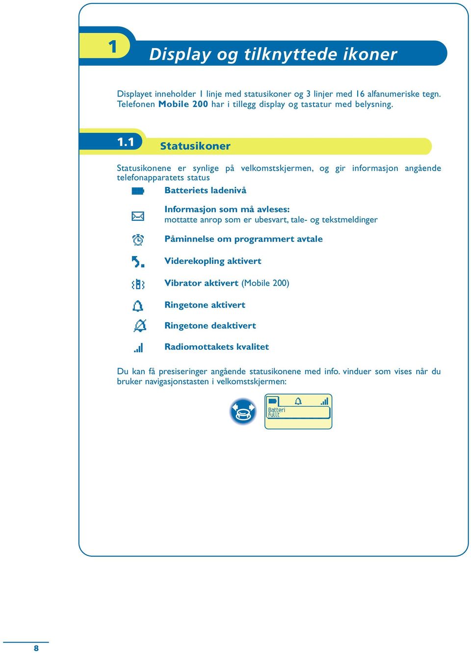 1 Statusikoner Statusikonene er synlige på velkomstskjermen, og gir informasjon angående telefonapparatets status.