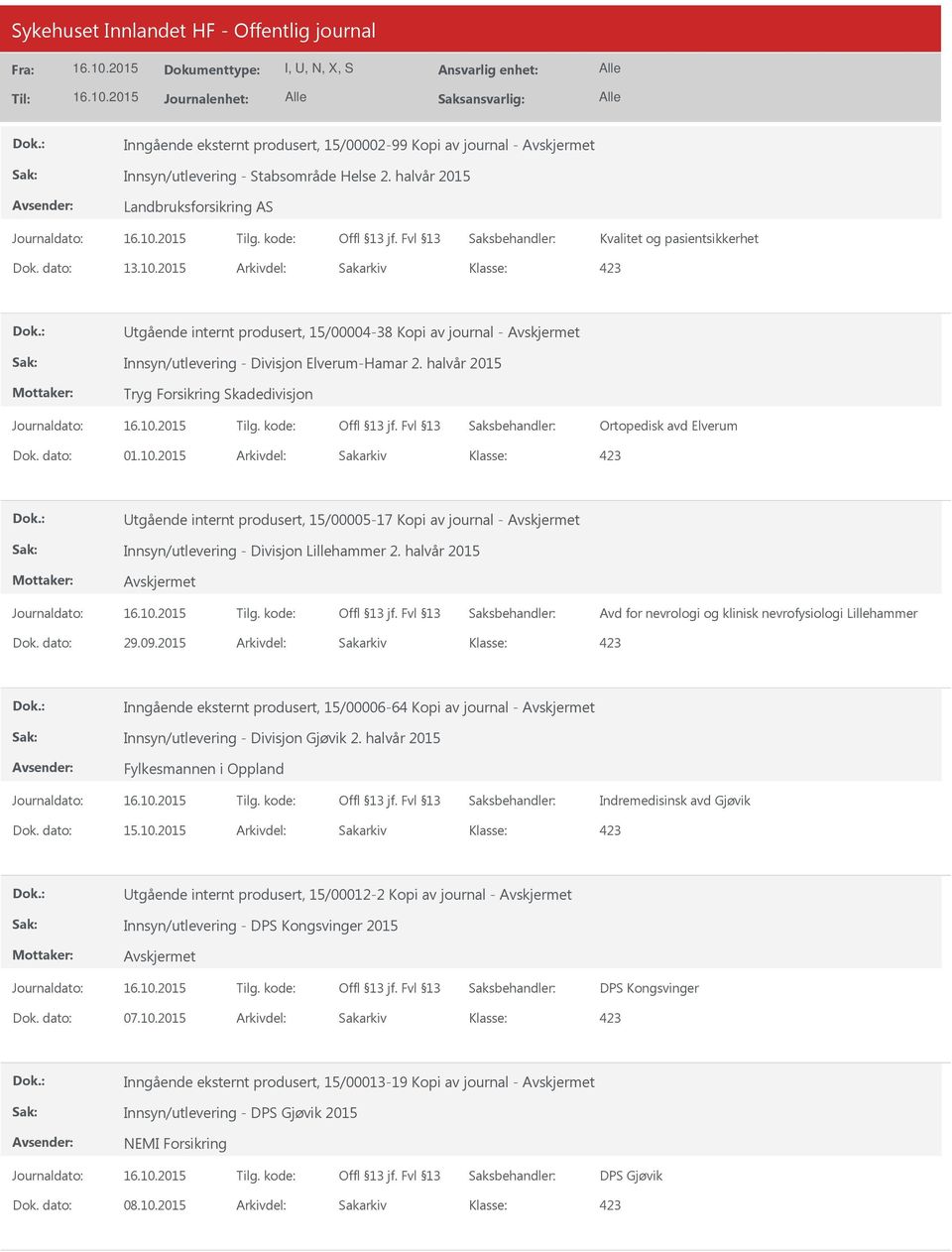 dato: 01.10.2015 Arkivdel: Sakarkiv tgående internt produsert, 15/00005-17 Kopi av journal - Innsyn/utlevering - Divisjon Lillehammer 2.