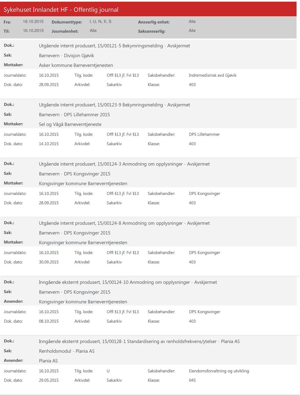 2015 Arkivdel: Sakarkiv tgående internt produsert, 15/00124-3 Anmodning om opplysninger - Barnevern - DPS Kongsvinger 2015 Kongsvinger kommune Barneverntjenesten DPS Kongsvinger Dok. dato: 28.09.