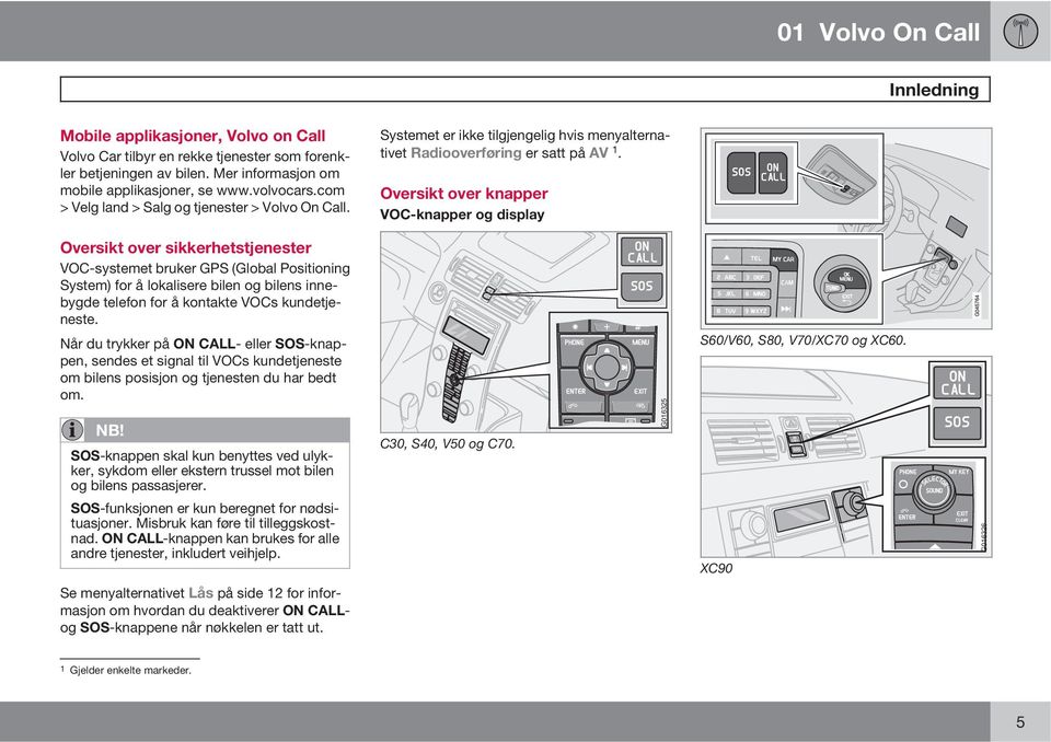 Oversikt over knapper VOC-knapper og display Oversikt over sikkerhetstjenester VOC-systemet bruker GPS (Global Positioning System) for å lokalisere bilen og bilens innebygde telefon for å kontakte