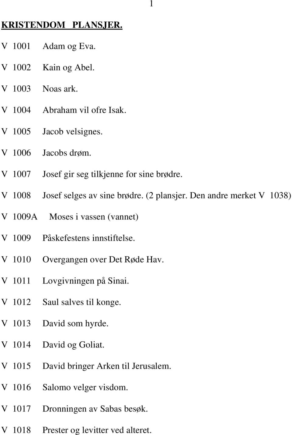 Den andre merket V 1038) V 1009A V 1009 V 1010 V 1011 V 1012 V 1013 V 1014 V 1015 V 1016 V 1017 V 1018 Moses i vassen (vannet) Påskefestens innstiftelse.