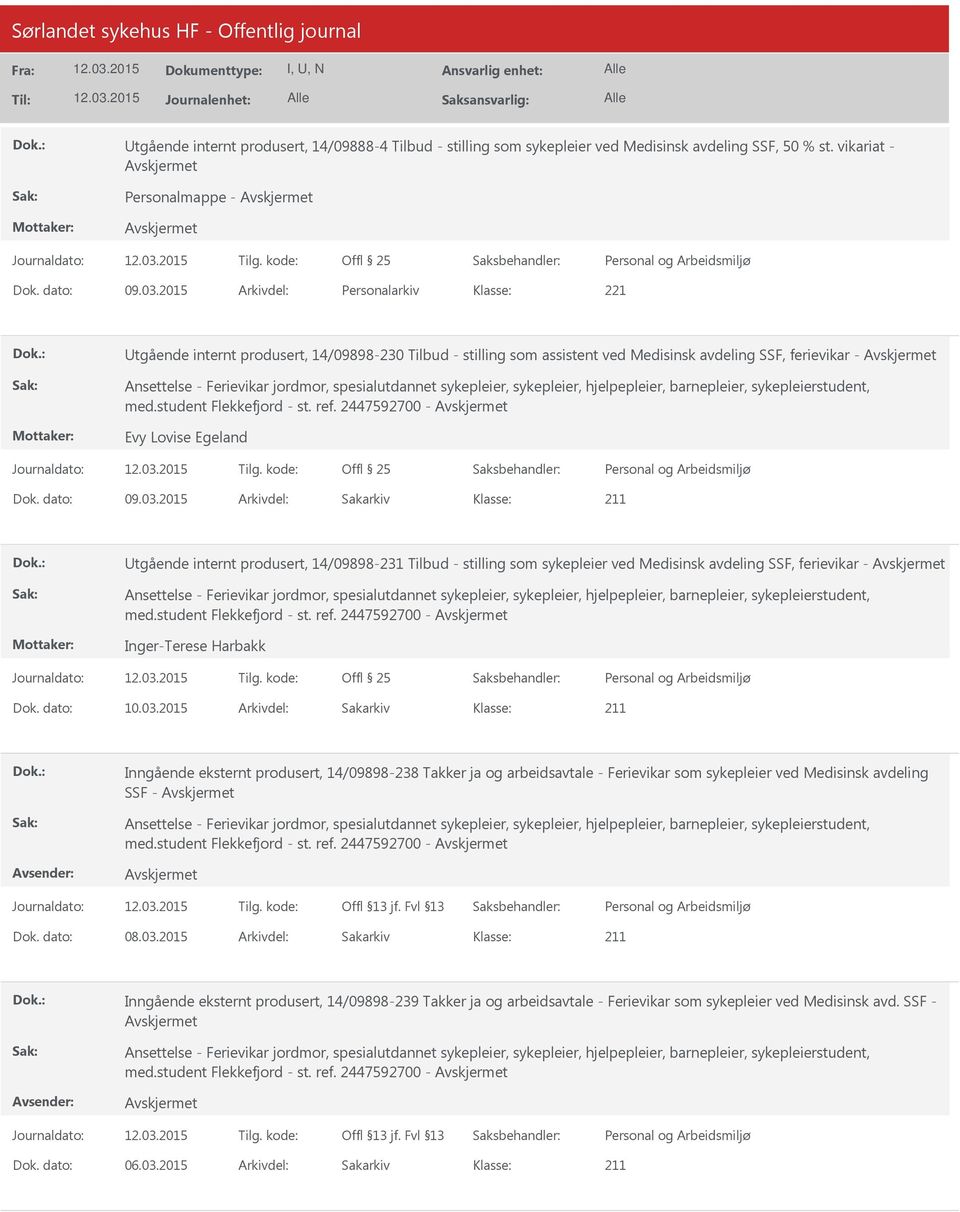 sykepleier, sykepleier, hjelpepleier, barnepleier, sykepleierstudent, med.student Flekkefjord - st. ref. 2447592700 - Evy Lovise Egeland Offl 25 Dok. dato: 09.03.