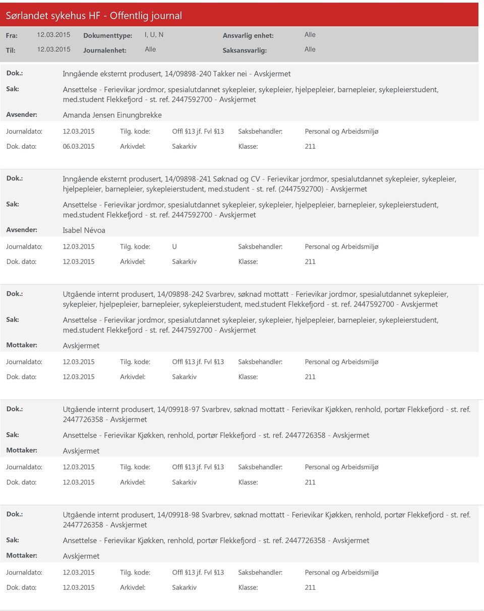 2015 Arkivdel: Sakarkiv Inngående eksternt produsert, 14/09898-241 Søknad og CV - Ferievikar jordmor, spesialutdannet sykepleier, sykepleier, hjelpepleier, barnepleier, sykepleierstudent, med.