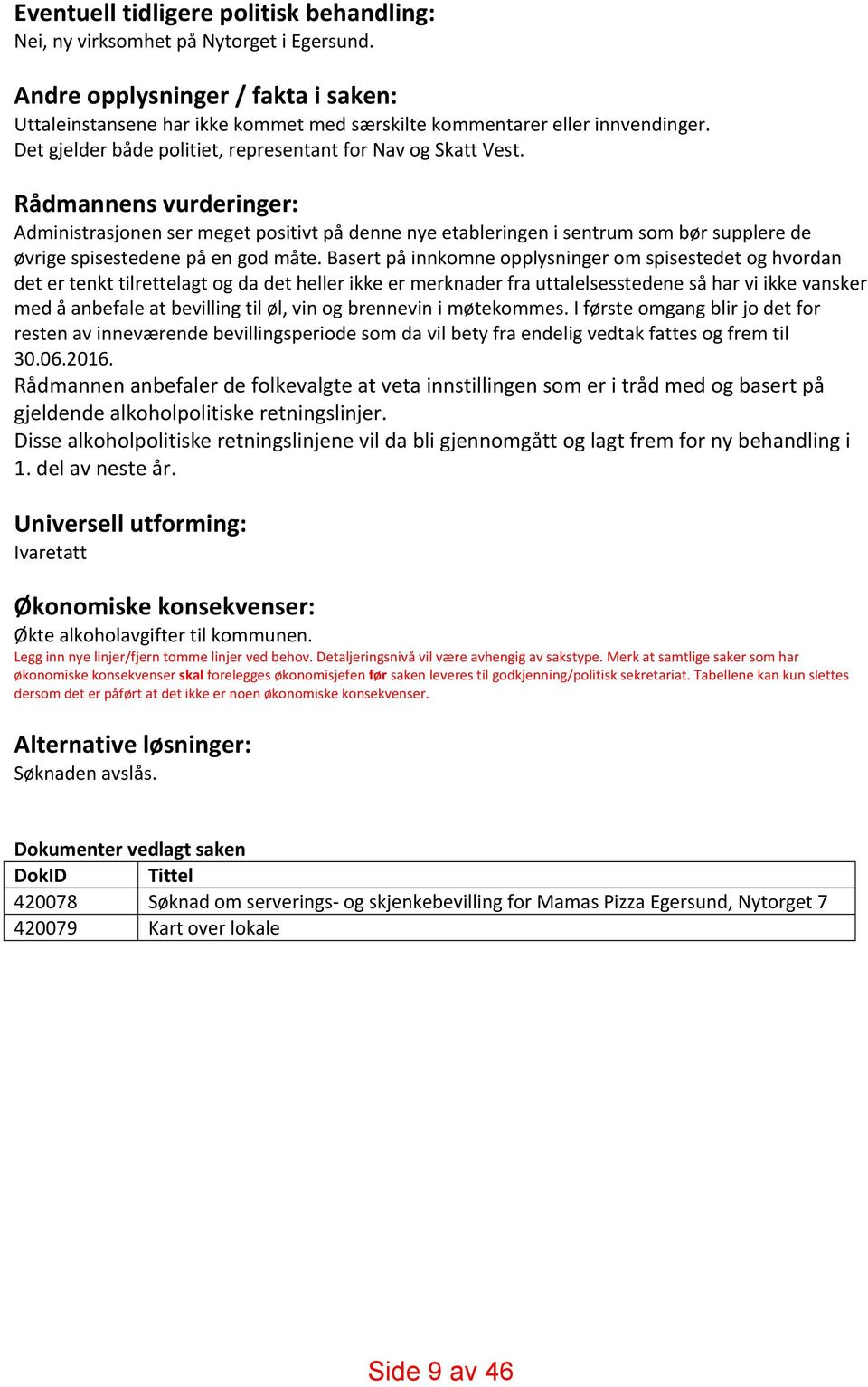 Rådmannens vurderinger: Administrasjonen ser meget positivt på denne nye etableringen i sentrum som bør supplere de øvrige spisestedene på en god måte.