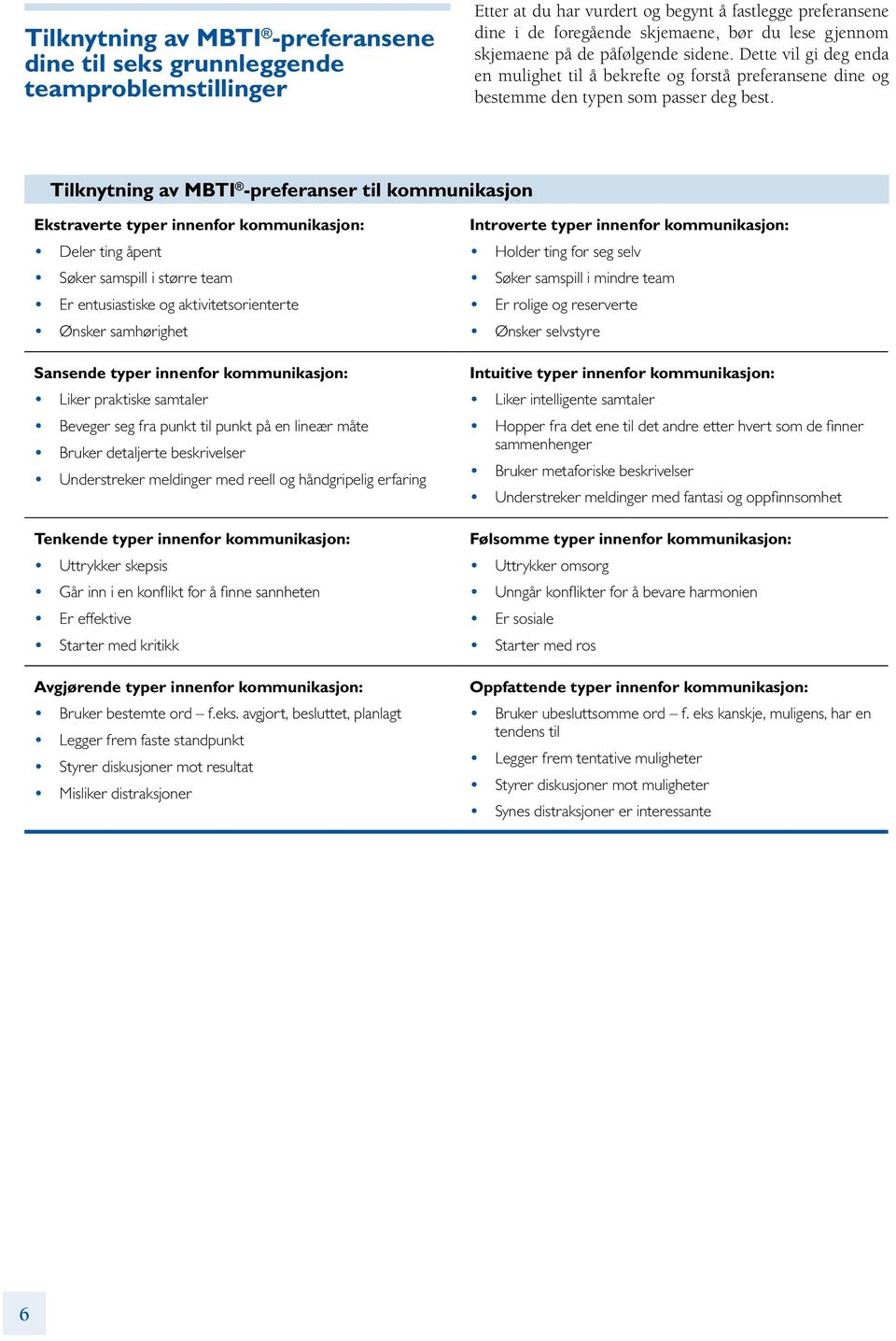 Tilknytning av MBTI -preferanser til kommunikasjon Ekstraverte innenfor kommunikasjon: Deler ting åpent Søker samspill i større team Er entusiastiske og aktivitetsorienterte Ønsker samhørighet