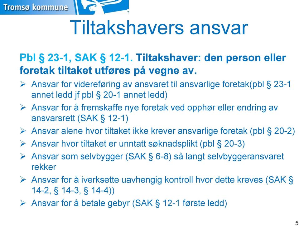 endring av ansvarsrett (SAK 12-1) Ansvar alene hvor tiltaket ikke krever ansvarlige foretak (pbl 20-2) Ansvar hvor tiltaket er unntatt søknadsplikt (pbl