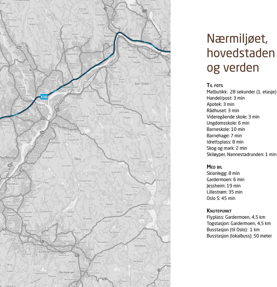 Barnehage: 7 min Idrettsplass: 8 min Skog og mark: 2 min Skiløyper, annestadrunden: 1 min Med bil Skianlegg: 8 min Gardermoen: