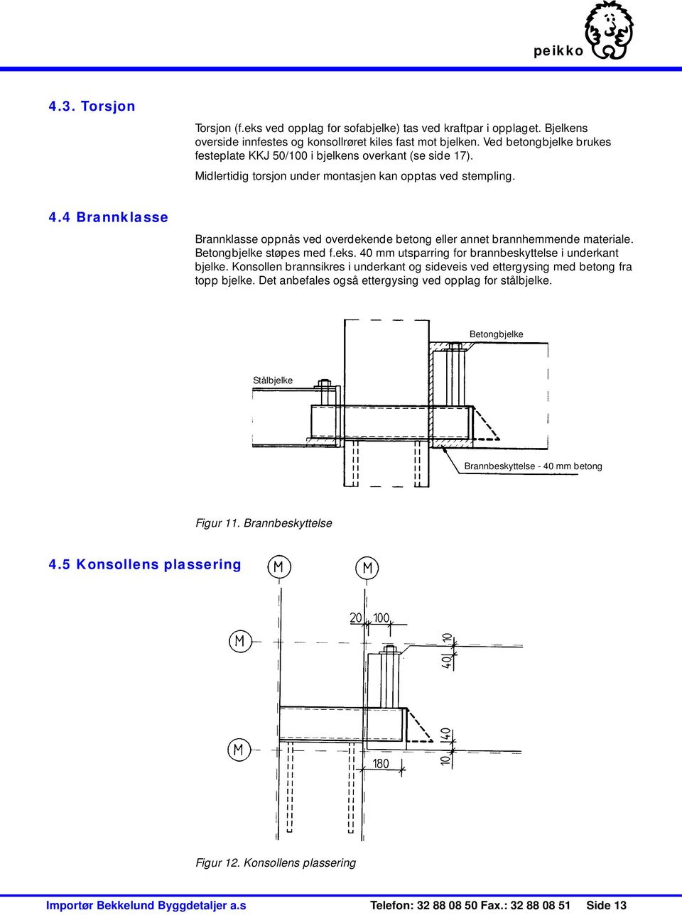 4 Brannklasse Brannklasse oppnås ved overdekende betong eller annet brannhemmende materiale. Betongbjelke støpes med f.eks. 40 mm utsparring for brannbeskyttelse i underkant bjelke.