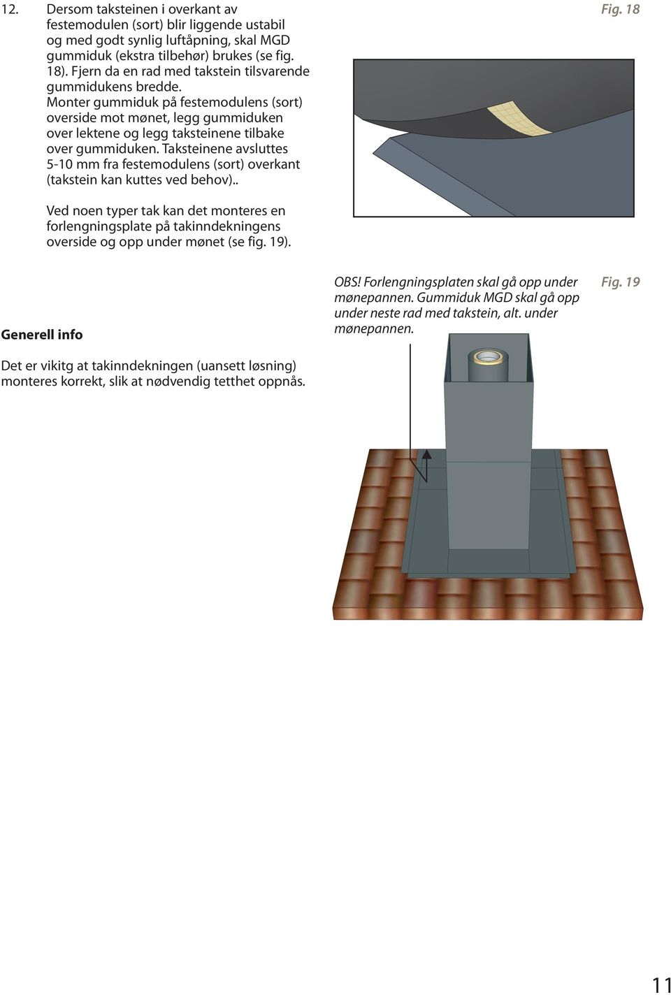 Taksteinene avsluttes 5-10 mm fra festemodulens (sort) overkant (takstein kan kuttes ved behov).. Fig.