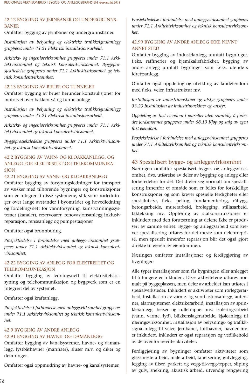 1 Arkitektvirksomhet og teknisk konsulentvirksomhet. 42.13 Bygging av bruer og tunneler Omfatter bygging av bruer herunder konstruksjoner for motorvei over bakkenivå og tunnelanlegg.