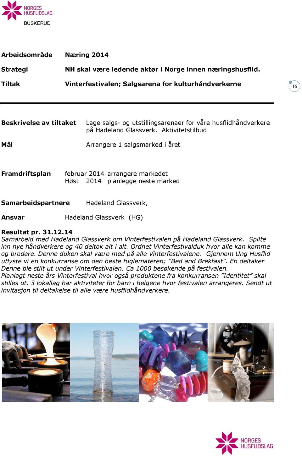 Aktivitetstilbud Arrangere 1 salgsmarked i året Framdriftsplan februar 2014 arrangere markedet Høst 2014 planlegge neste marked Samarbeidspartnere Hadeland Glassverk, Hadeland Glassverk (HG)