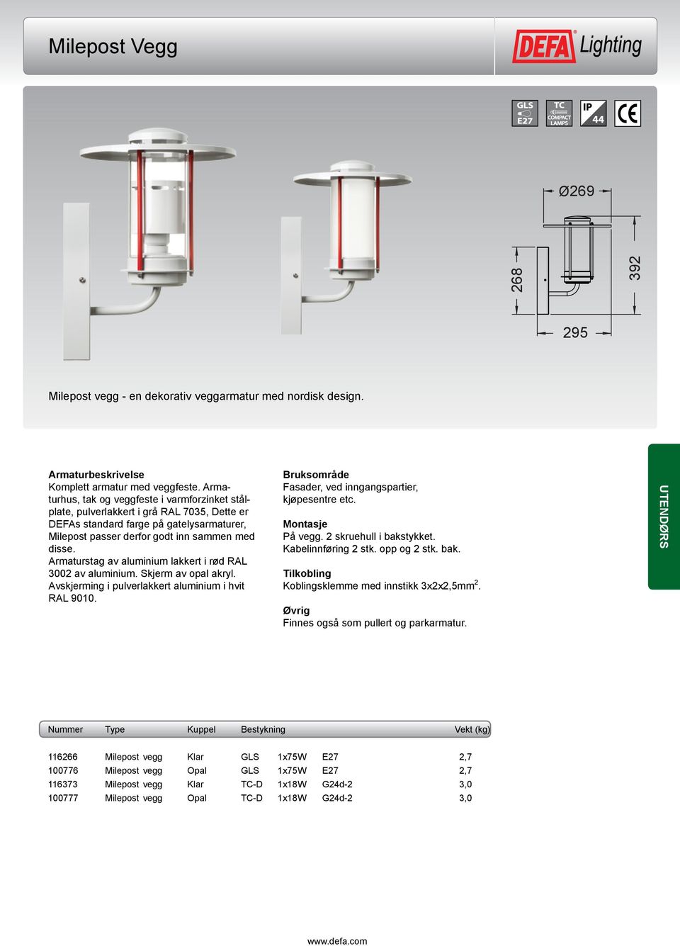 Armaturstag av aluminium lakkert i rød RAL 3002 av aluminium. Skjerm av opal akryl. Avskjerming i pulverlakkert aluminium i hvit Bruksområde Fasader, ved inngangspartier, kjøpesentre etc. På vegg.