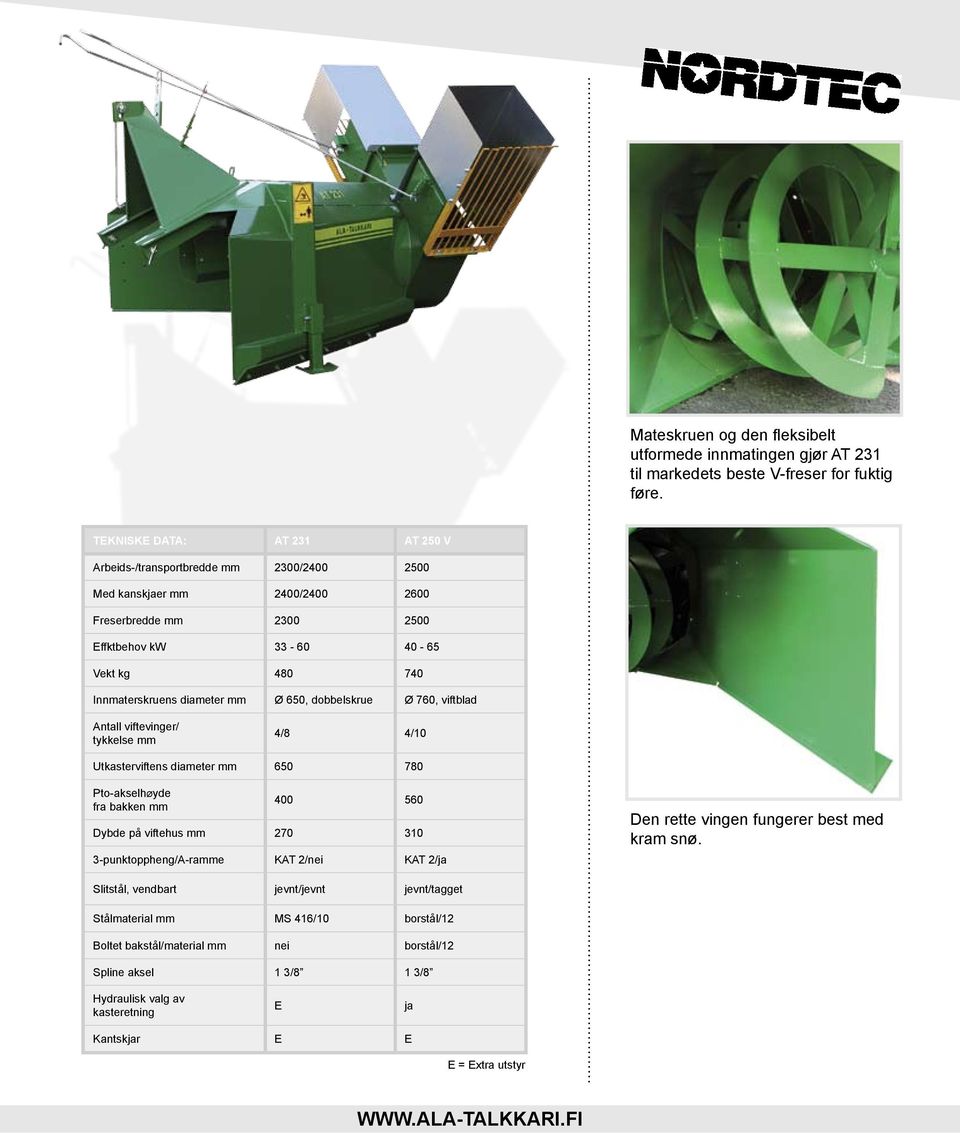 diameter mm Ø 650, dobbelskrue Ø 760, viftblad Antall viftevinger/ tykkelse mm 4/8 4/10 Utkasterviftens diameter mm 650 780 Pto-akselhØyde fra bakken mm 400 560 Dybde på viftehus mm 270 310