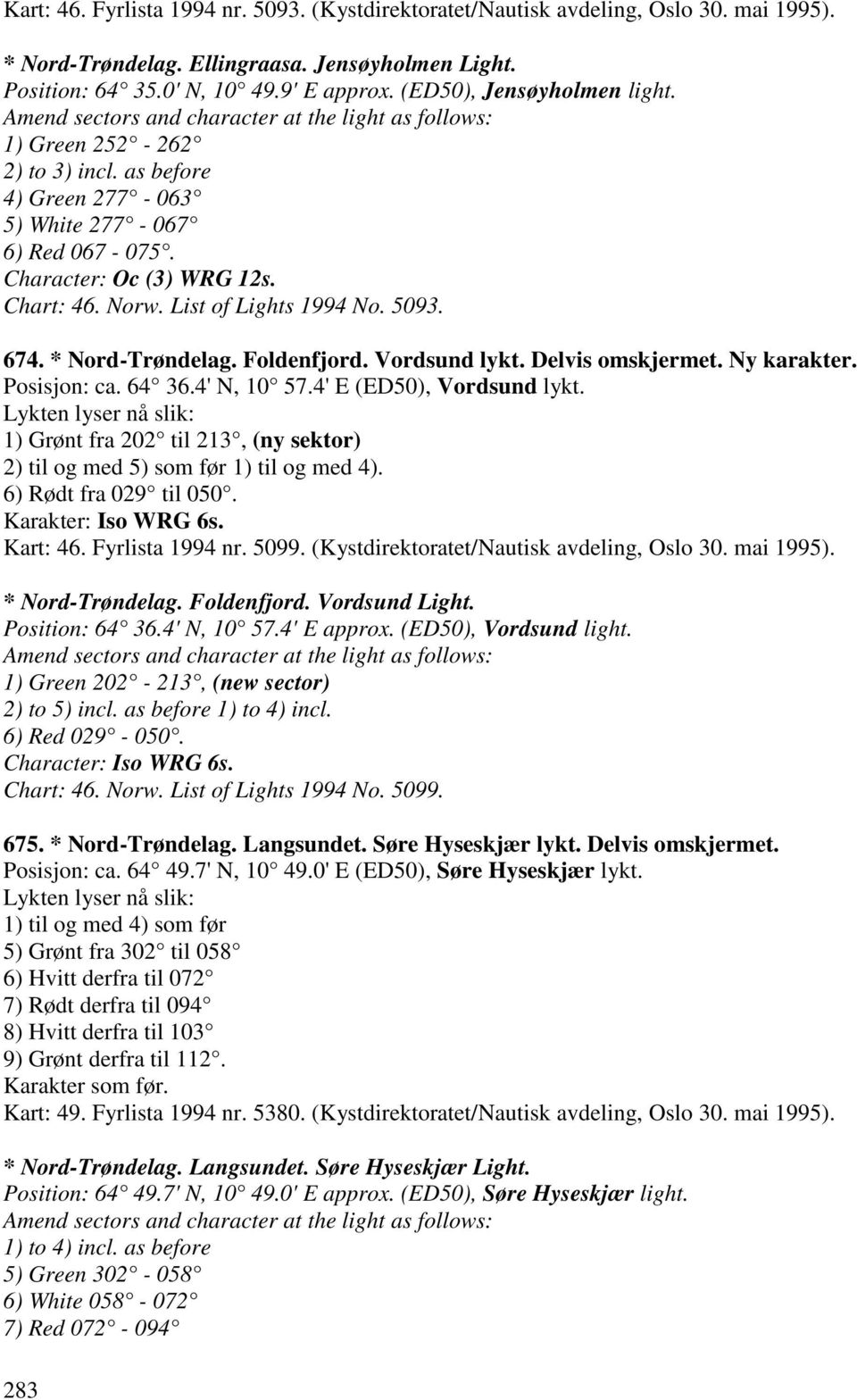 Chart: 46. Norw. List of Lights 1994 No. 5093. 674. * Nord-Trøndelag. Foldenfjord. Vordsund lykt. Delvis omskjermet. Ny karakter. Posisjon: ca. 64 36.4' N, 10 57.4' E (ED50), Vordsund lykt.