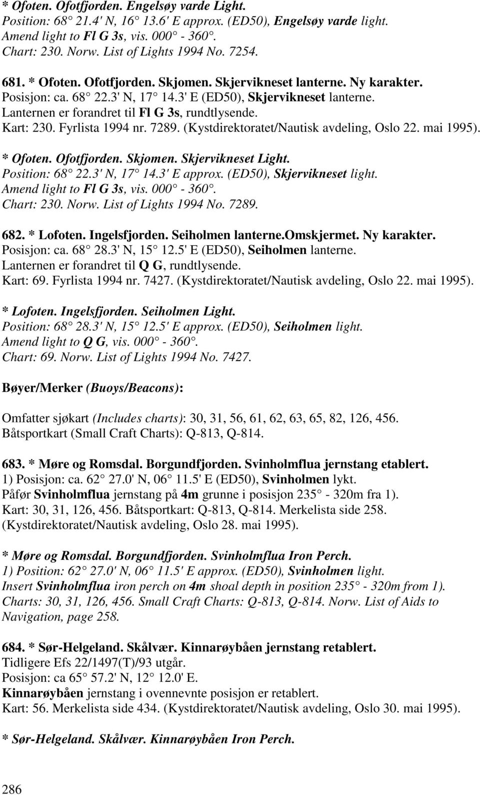 Kart: 230. Fyrlista 1994 nr. 7289. (Kystdirektoratet/Nautisk avdeling, Oslo 22. mai 1995). * Ofoten. Ofotfjorden. Skjomen. Skjervikneset Light. Position: 68 22.3' N, 17 14.3' E approx.
