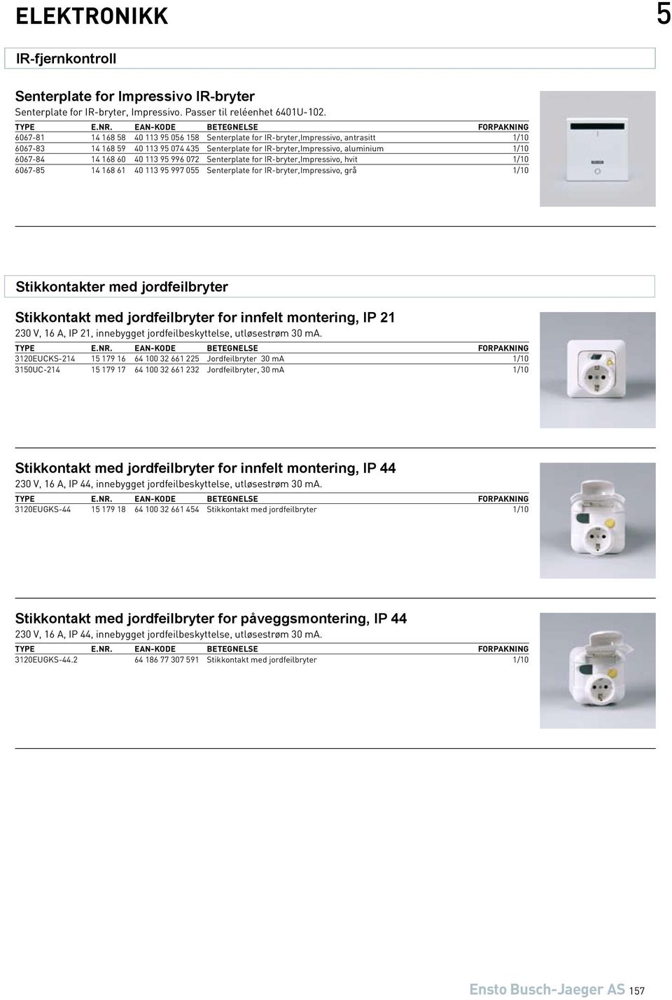 113 95 996 072 Senterplate for IR-bryter,Impressivo, hvit 1/10 6067-85 14 168 61 40 113 95 997 055 Senterplate for IR-bryter,Impressivo, grå 1/10 Stikkontakter med jordfeilbryter Stikkontakt med