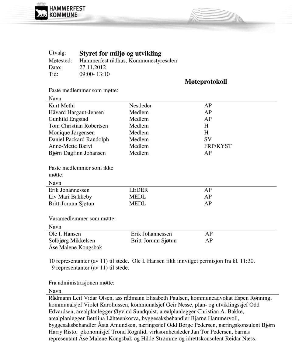 Jørgensen Medlem H Daniel Packard Randolph Medlem SV Anne-Mette Bæivi Medlem FRP/KYST Bjørn Dagfinn Johansen Medlem AP Faste medlemmer som ikke møtte: Navn Erik Johannessen LEDER AP Liv Mari Bakkeby