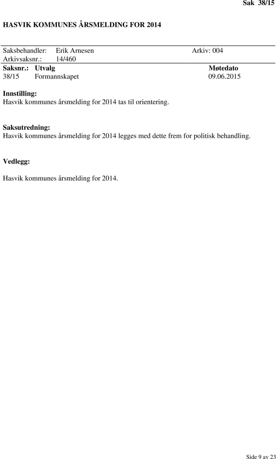 2015 Hasvik kommunes årsmelding for 2014 tas til orientering.