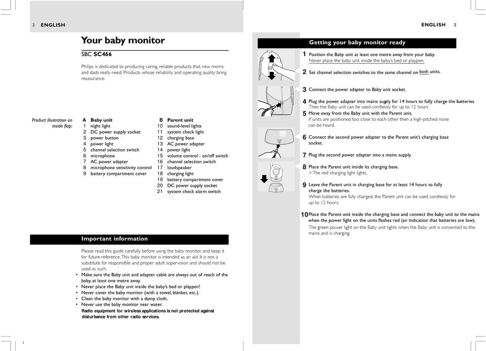 Never place the baby unit inside the baby s bed or playpen. Set channel selection switches to the same channel on both units. Connect the power adapter to Baby unit socket.