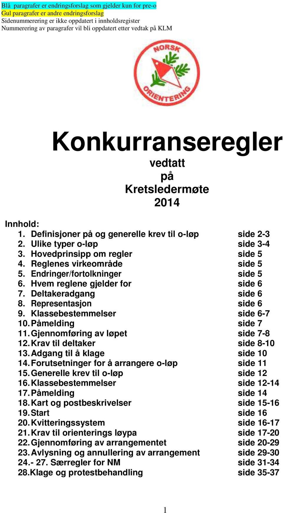 Reglenes virkeområde side 5 5. Endringer/fortolkninger side 5 6. Hvem reglene gjelder for side 6 7. Deltakeradgang side 6 8. Representasjon side 6 9. Klassebestemmelser side 6-7 10.