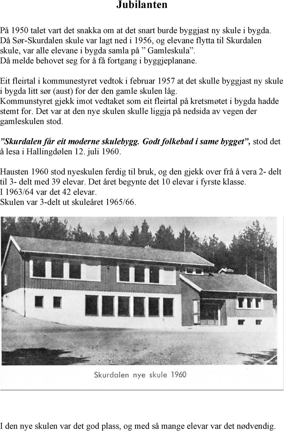 Eit fleirtal i kommunestyret vedtok i februar 1957 at det skulle byggjast ny skule i bygda litt sør (aust) for der den gamle skulen låg.