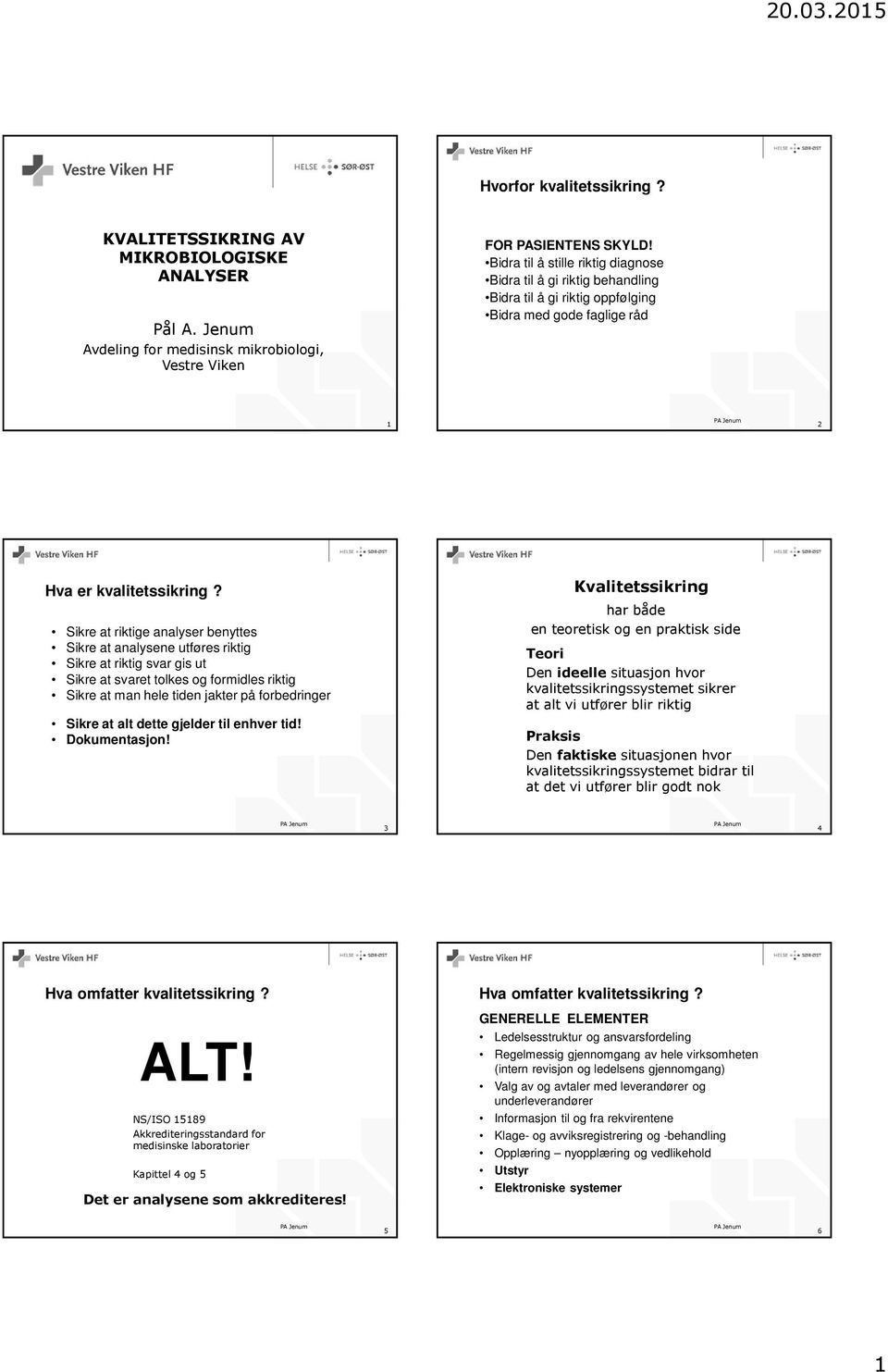 Sikre at riktige analyser benyttes Sikre at analysene utføres riktig Sikre at riktig svar gis ut Sikre at svaret tolkes og formidles riktig Sikre at man hele tiden jakter på forbedringer Sikre at alt