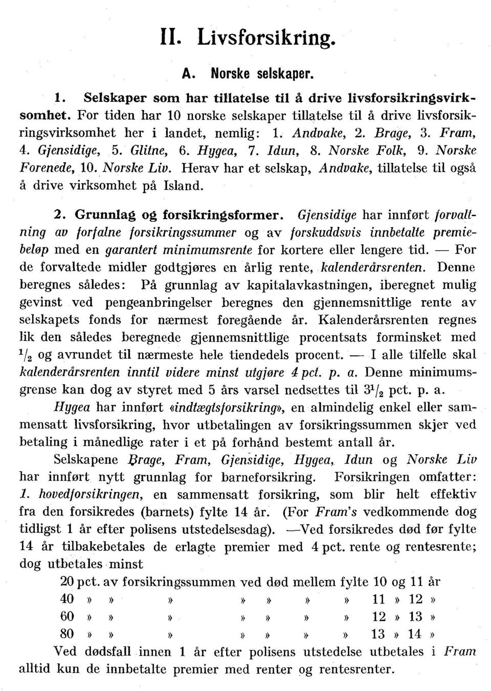 Norske Forenede, 0. Norske Liv. Herav har et selskap, Andvake, tillatelse til også å drive virksomhet på Island. 2. Grunnlag og forsikringsformer.