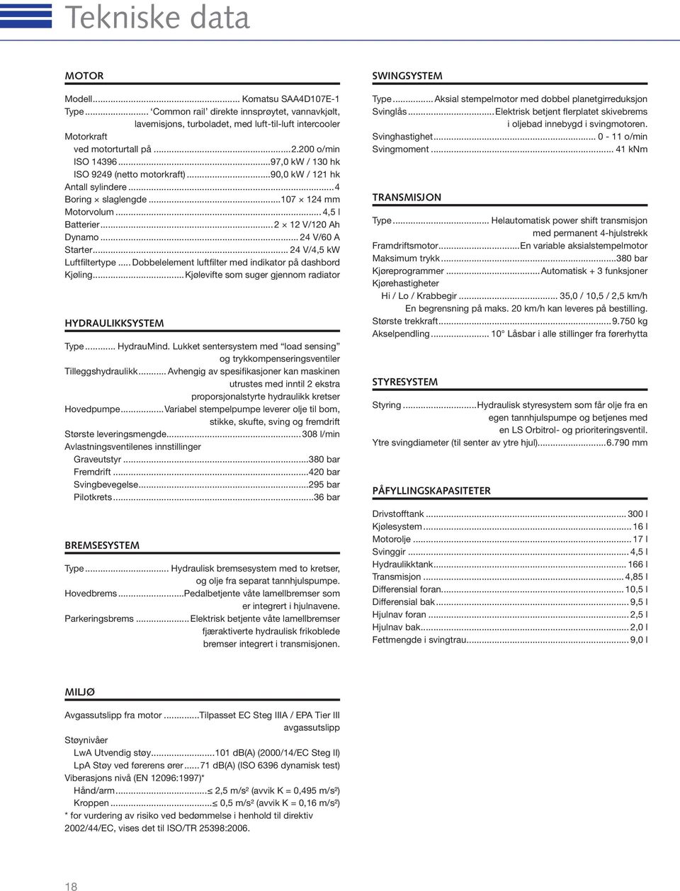 .. 24 V/60 A Starter... 24 V/4,5 kw Luftfiltertype... Dobbelelement luftfilter med indikator på dashbord Kjøling...Kjølevifte som suger gjennom radiator HYDRAULIKKSYSTEM Type... HydrauMind.