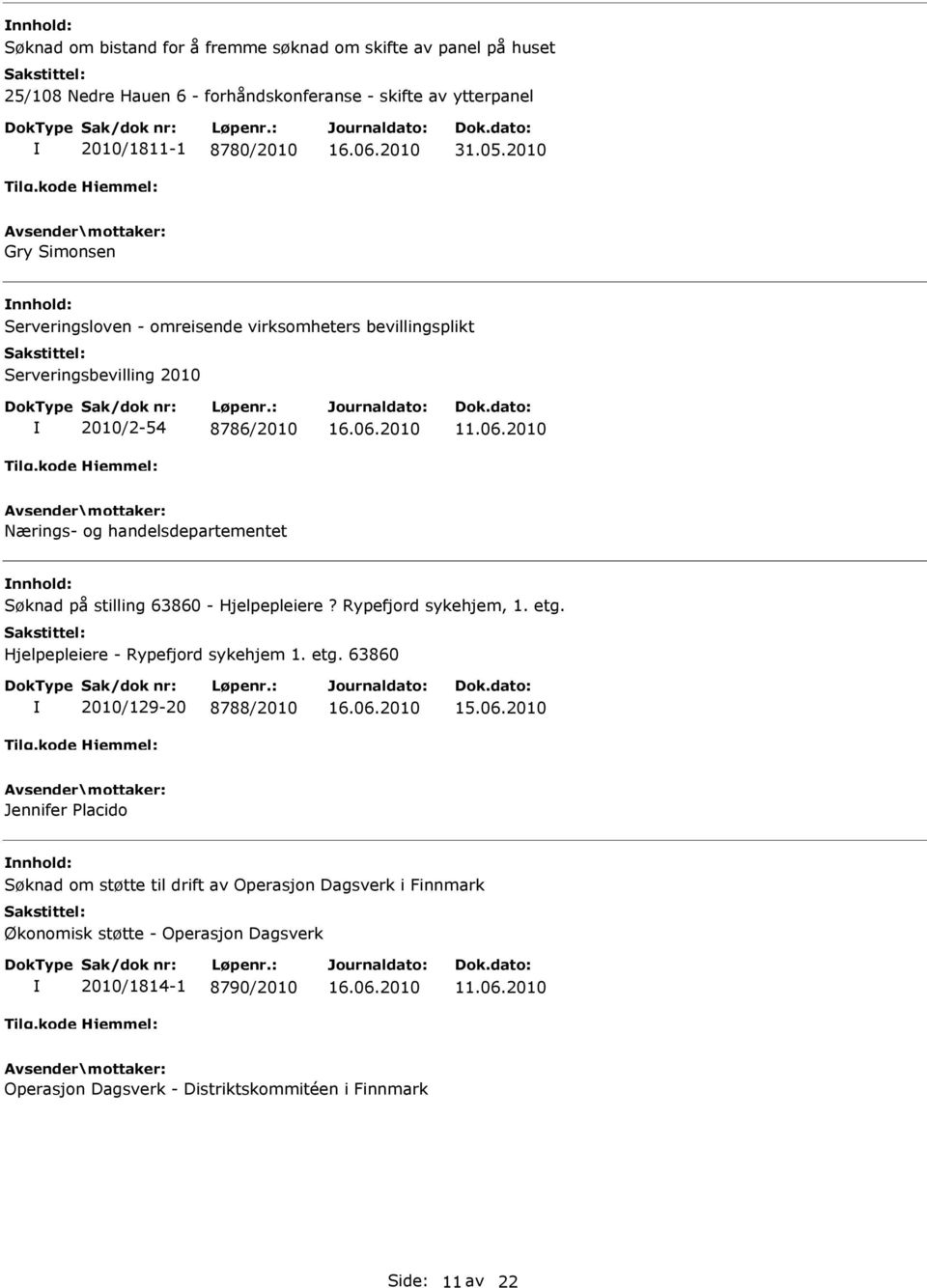 2010 Nærings- og handelsdepartementet nnhold: Søknad på stilling 63860 - Hjelpepleiere? Rypefjord sykehjem, 1. etg.