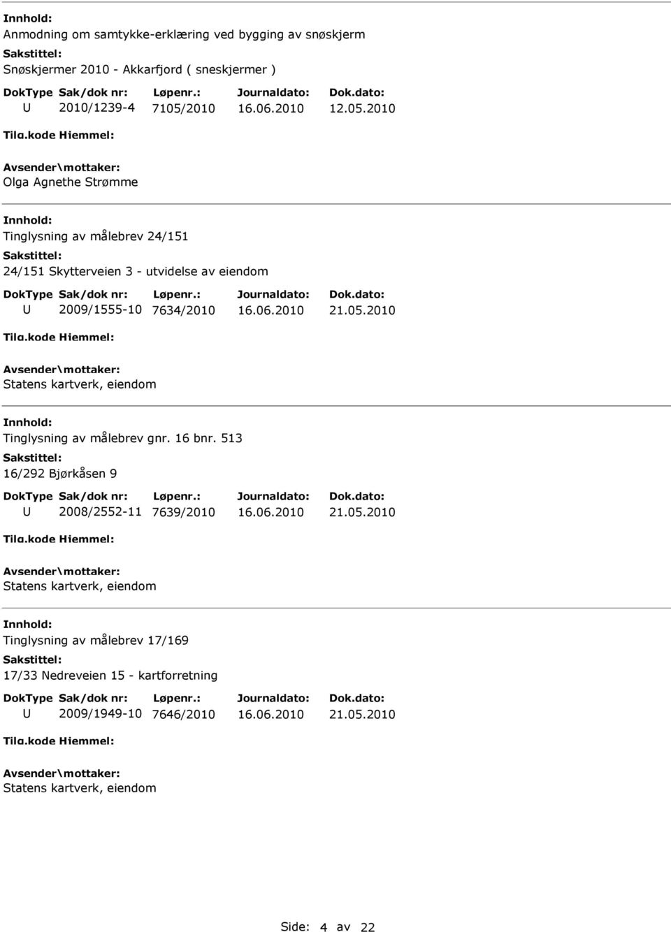 05.2010 Statens kartverk, eiendom nnhold: Tinglysning av målebrev gnr. 16 bnr. 513 16/292 Bjørkåsen 9 2008/2552-11 7639/2010 21.05.2010 Statens kartverk, eiendom nnhold: Tinglysning av målebrev 17/169 17/33 Nedreveien 15 - kartforretning 2009/1949-10 7646/2010 21.