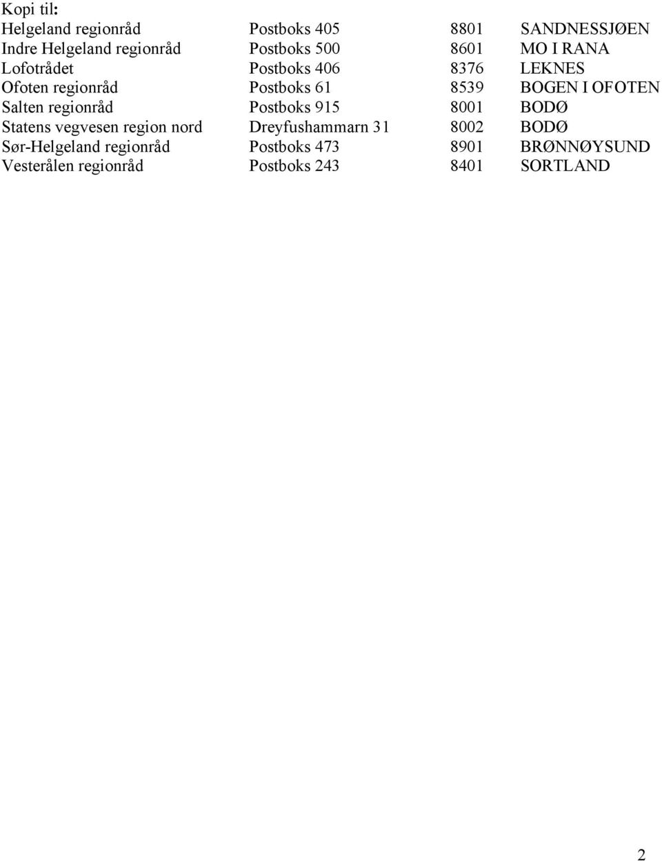 Salten regionråd Postboks 915 8001 BODØ Statens vegvesen region nord Dreyfushammarn 31 8002 BODØ