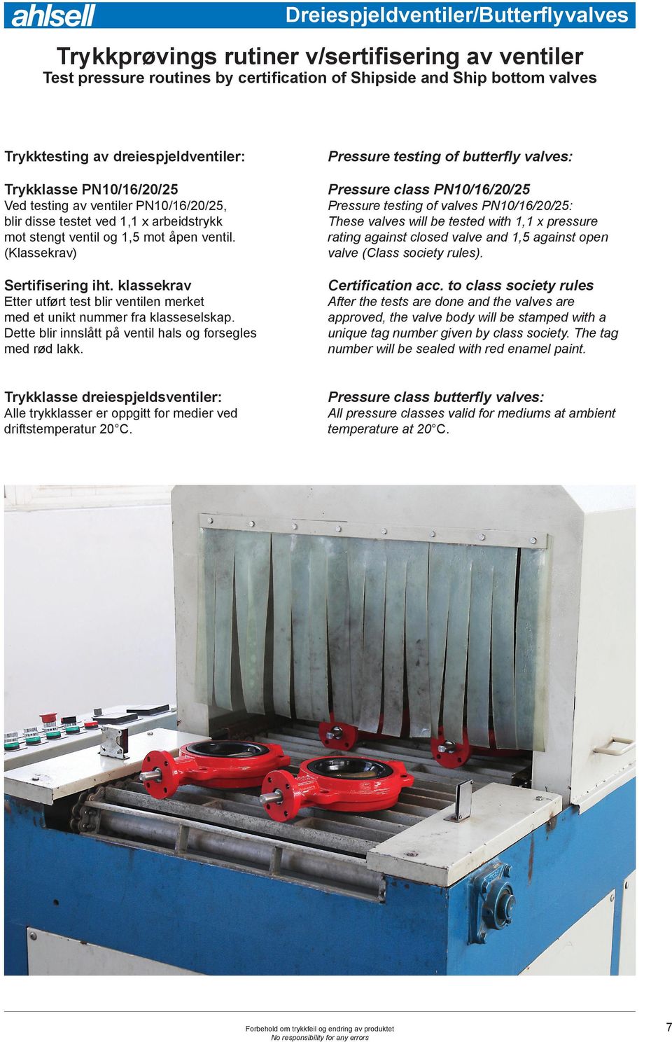 to class society rules Trykklasse dreiespjeldsventiler: Pressure class butterfly valves: Ved testing av ventiler PN10/16/20/25, blir disse testet ved 1,1 x arbeidstrykk mot stengt ventil og 1,5 mot