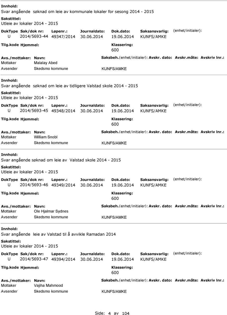 2014 KNFS/MK 600 Mottaker William Snobl KNFS/MK Svar angående søknad om leie av Valstad skole 2014-2015 tleie av lokaler 2014-2015 2014/5693-46 49349/2014 19.06.