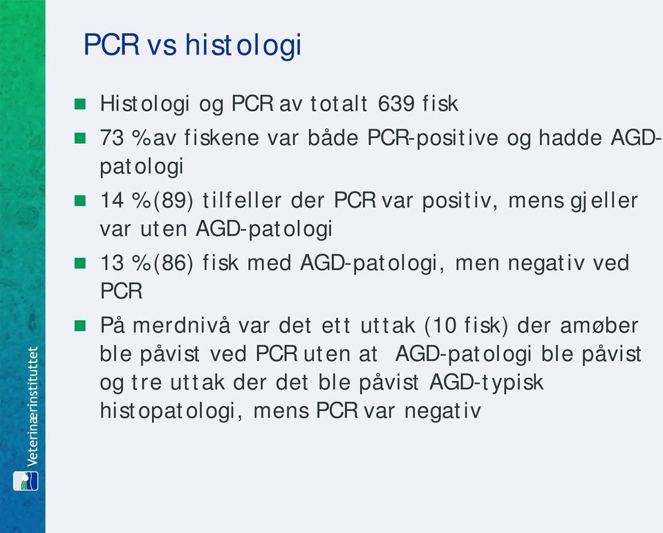 med AGD-patologi, men negativ ved PCR På merdnivå var det ett uttak (10 fisk) der amøber ble påvist ved