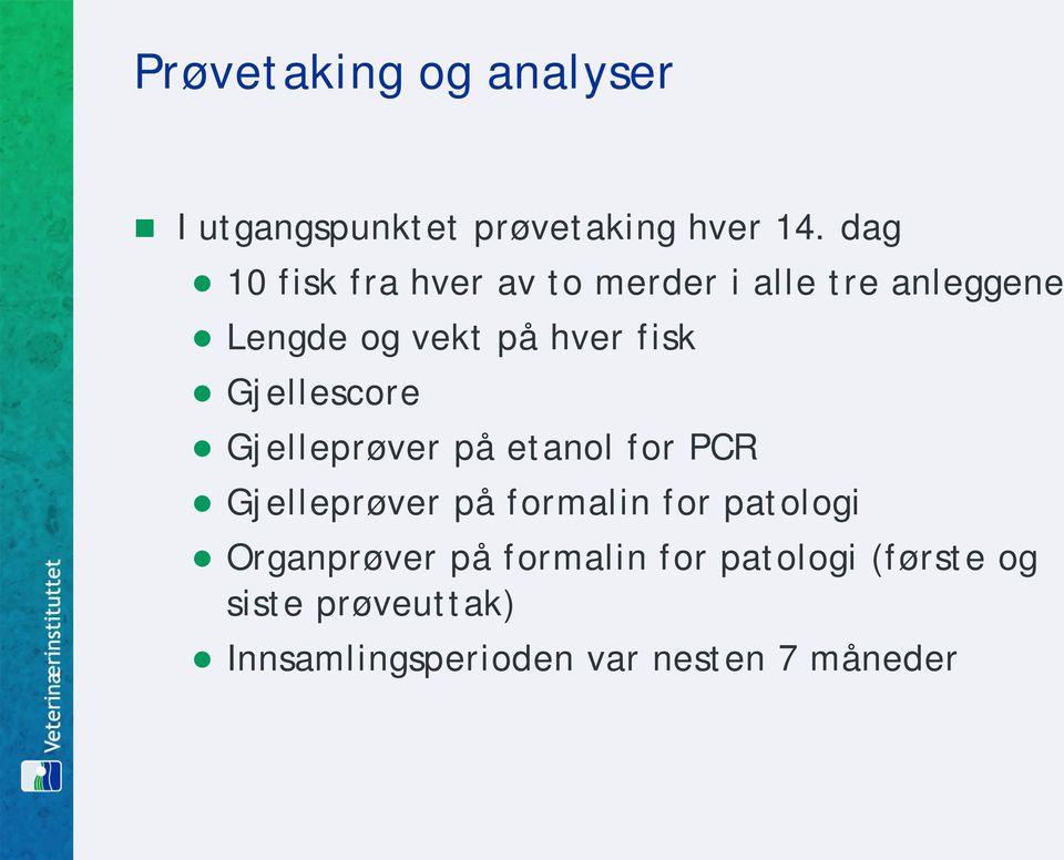 Gjellescore Gjelleprøver på etanol for PCR Gjelleprøver på formalin for patologi