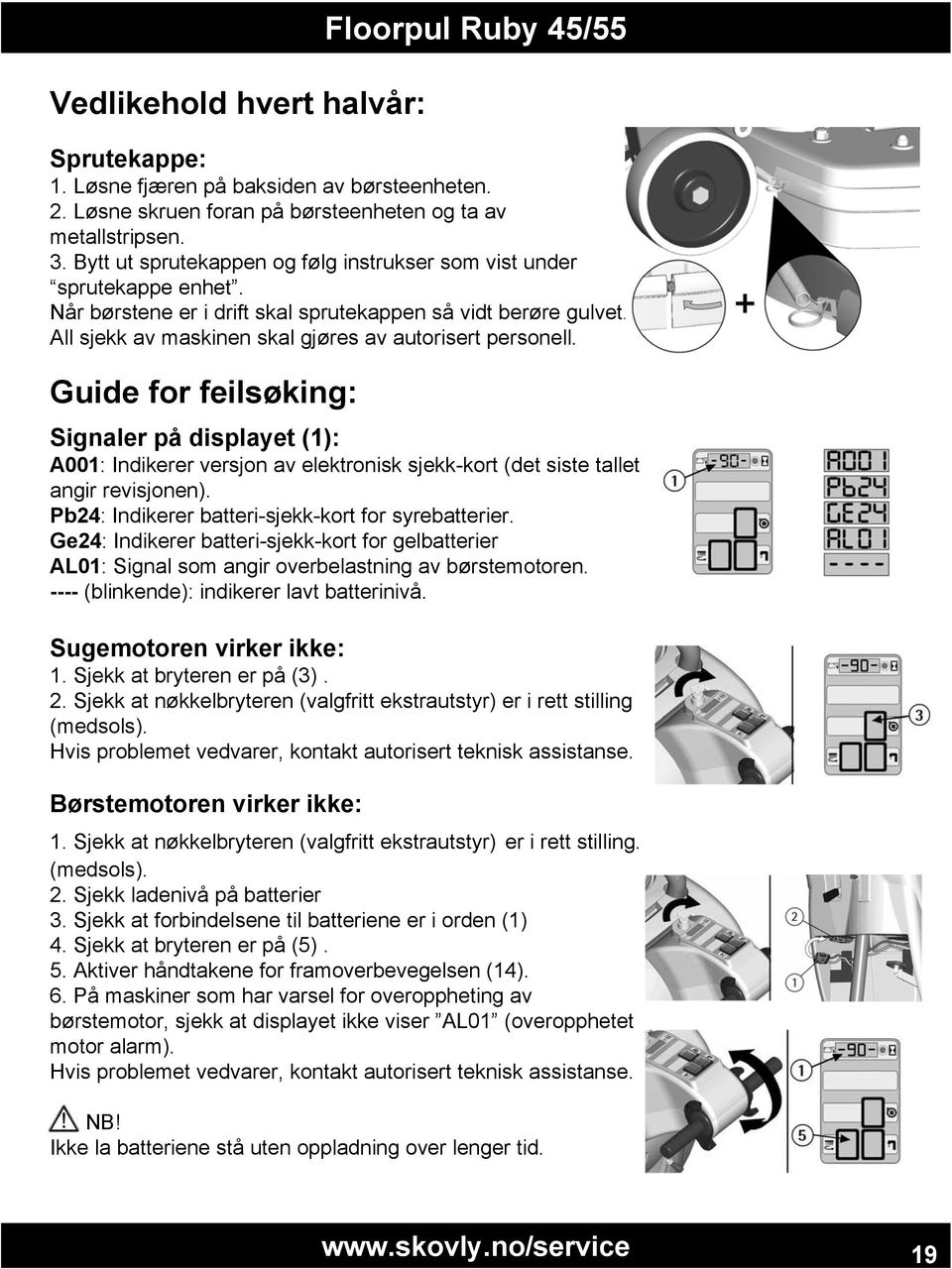 Guide for feilsøking: Signaler på displayet (1): A001: Indikerer versjon av elektronisk sjekk-kort (det siste tallet angir revisjonen). Pb4: Indikerer batteri-sjekk-kort for syrebatterier.