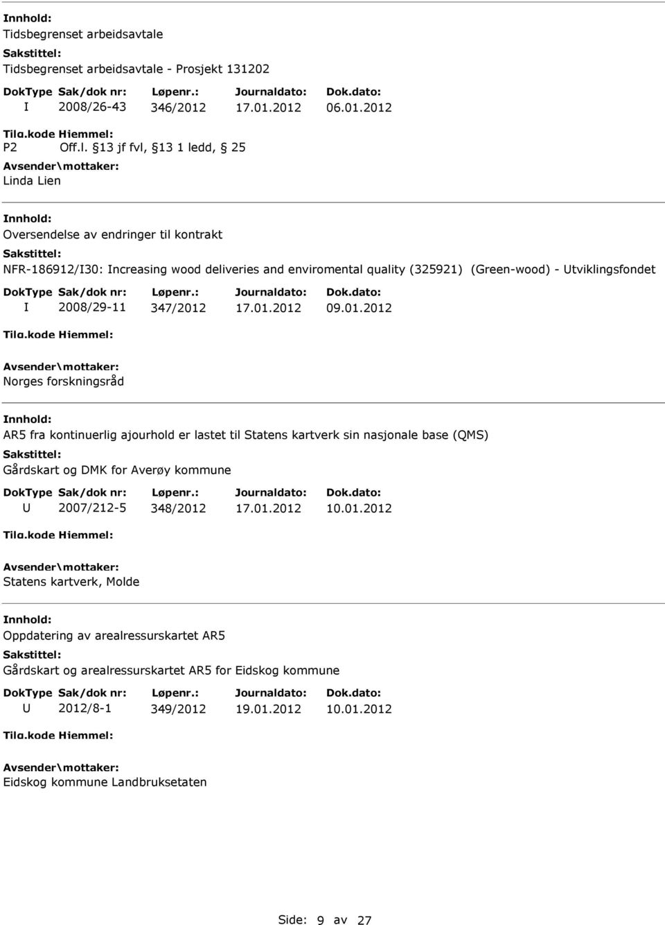 2012 06.01.2012 Linda Lien Oversendelse av endringer til kontrakt NFR-186912/30: ncreasing wood deliveries and enviromental quality (325921)